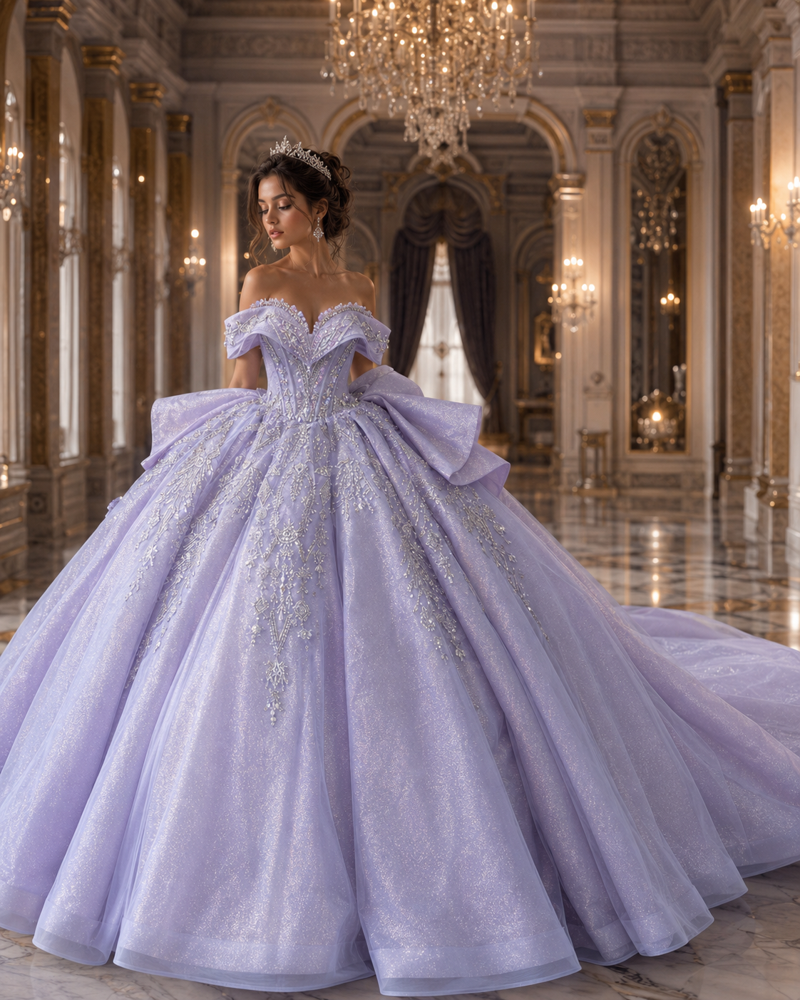 Lavender Purple Luxury Quinceañera Ball Gown with Beaded Corset & Bow Train