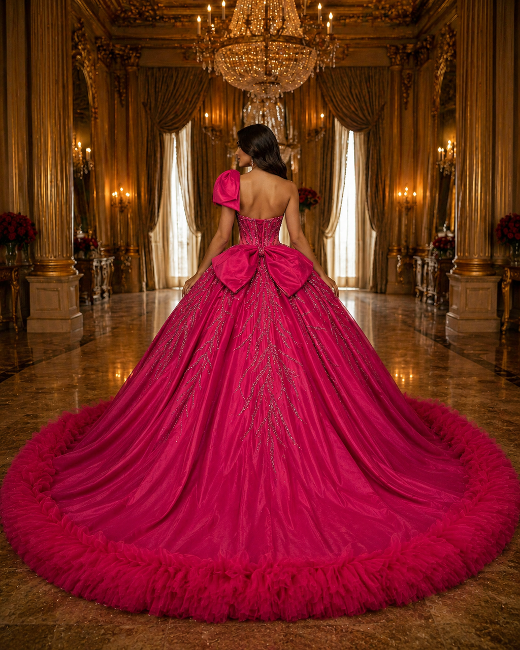 Fuchsia Quinceañera Ball Gown with Beaded Corset, One-Shoulder Bow & Ruffle Train