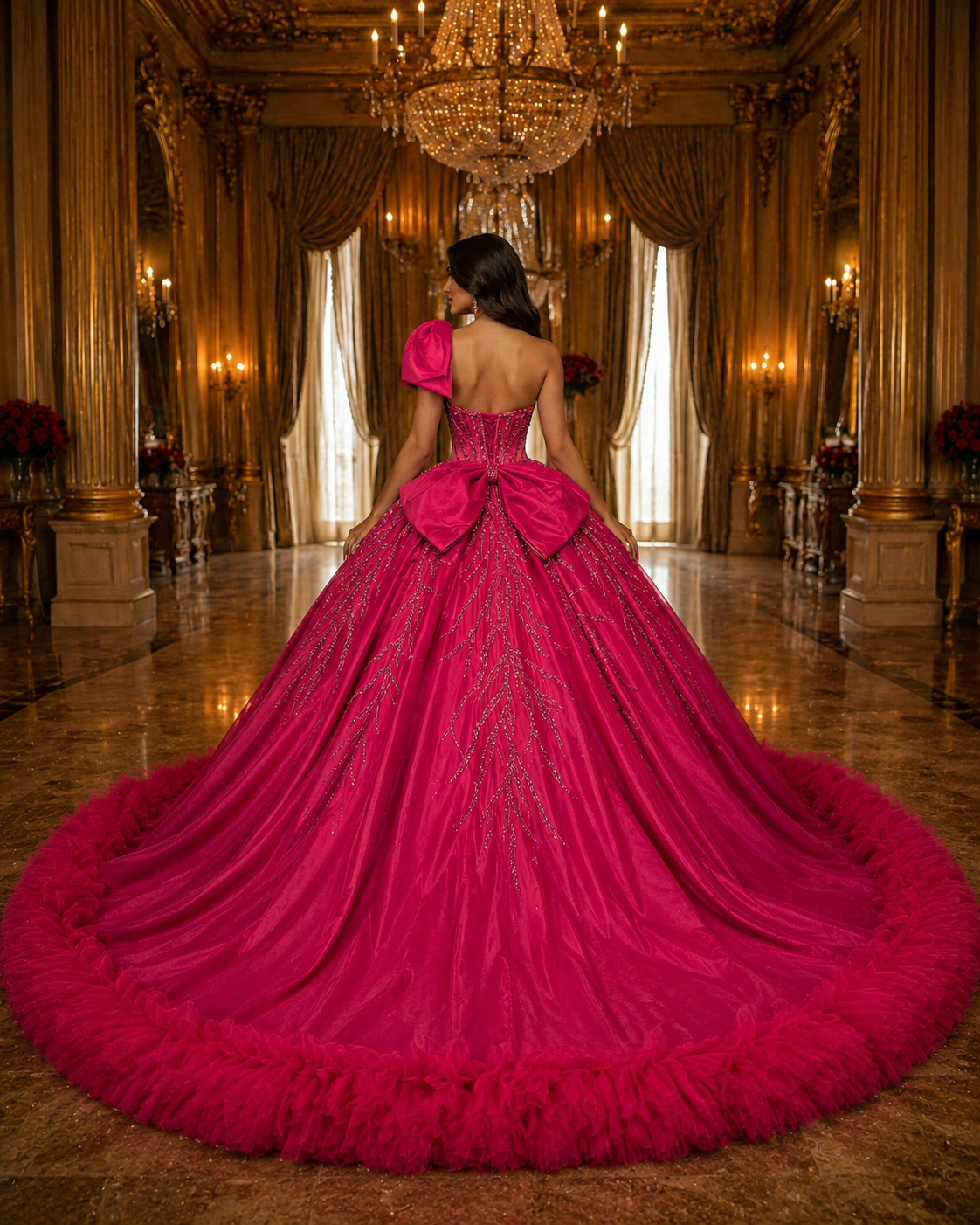 Fuchsia Quinceañera Ball Gown with Beaded Corset, One-Shoulder Bow & Ruffle Train