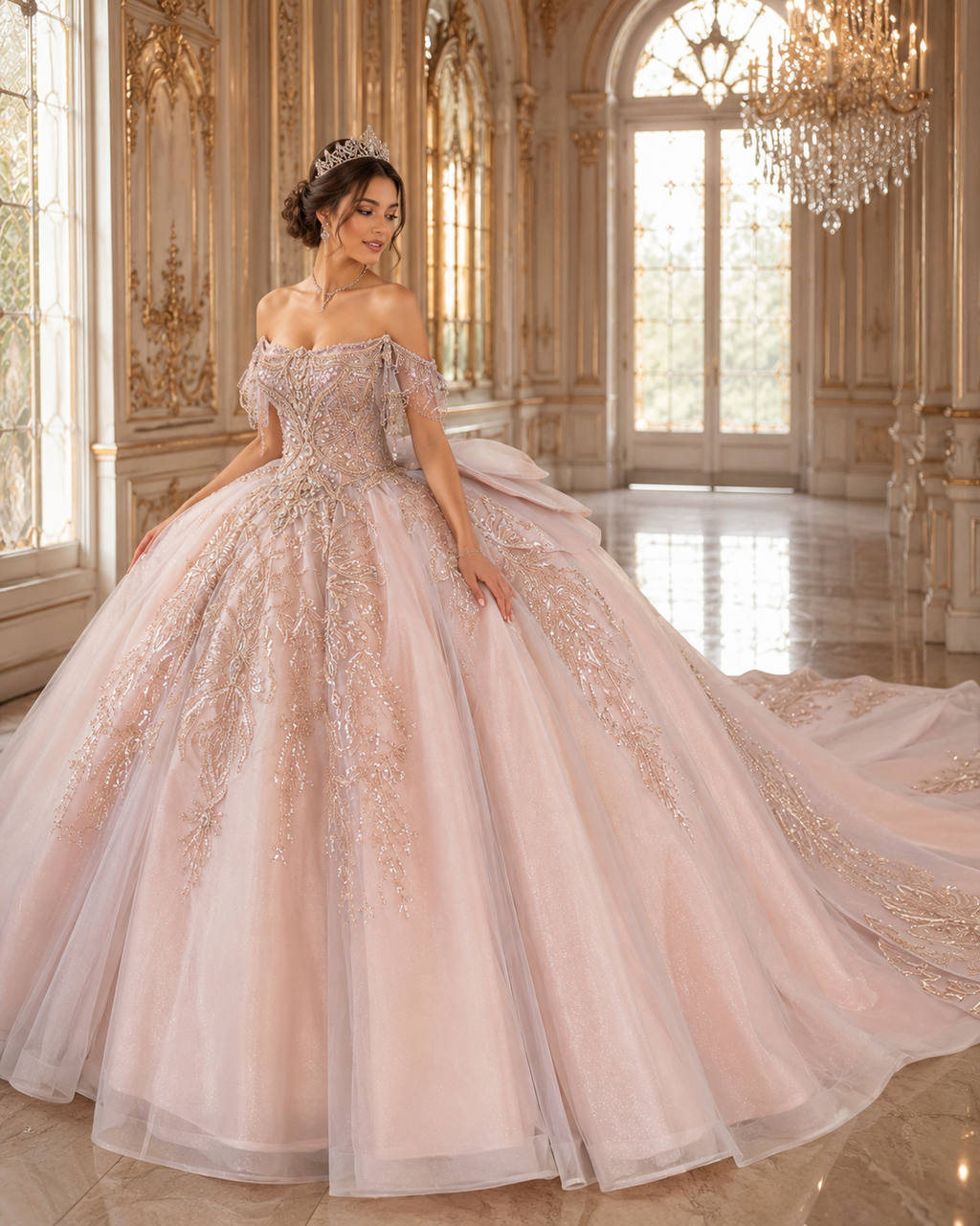 Blush Champagne Luxury Quinceañera Ball Gown with Beaded Corset & Long Train