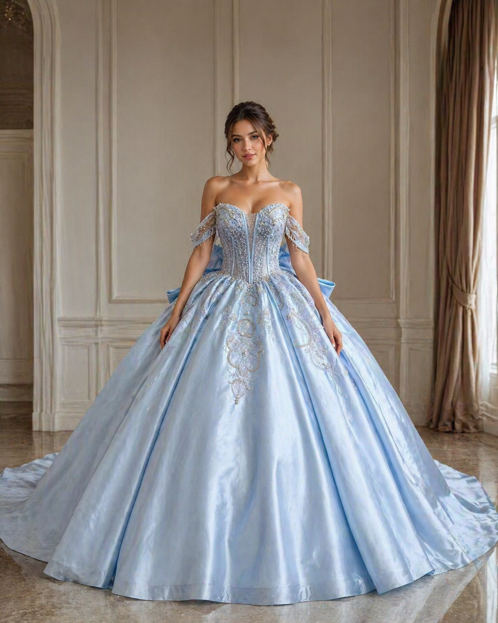 Light Blue Luxury Quinceañera Ball Gown with Beaded Corset & Long Train