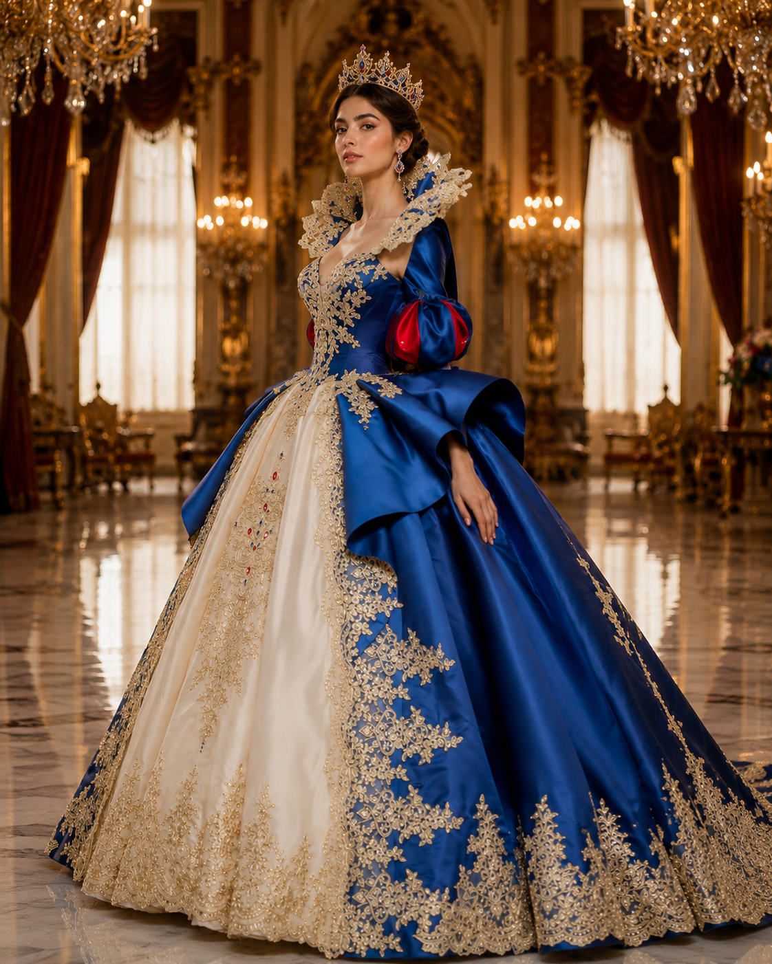 Royal Blue and Red Queen Quinceañera Ball Gown with Gold Lace Cape & Bow Back