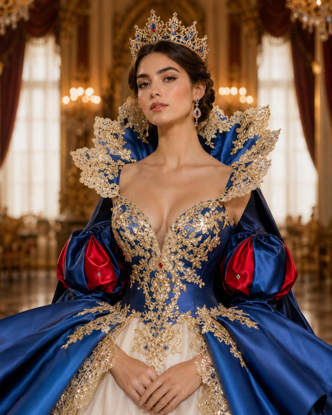 Royal Blue and Red Queen Quinceañera Ball Gown with Gold Lace Cape & Bow Back