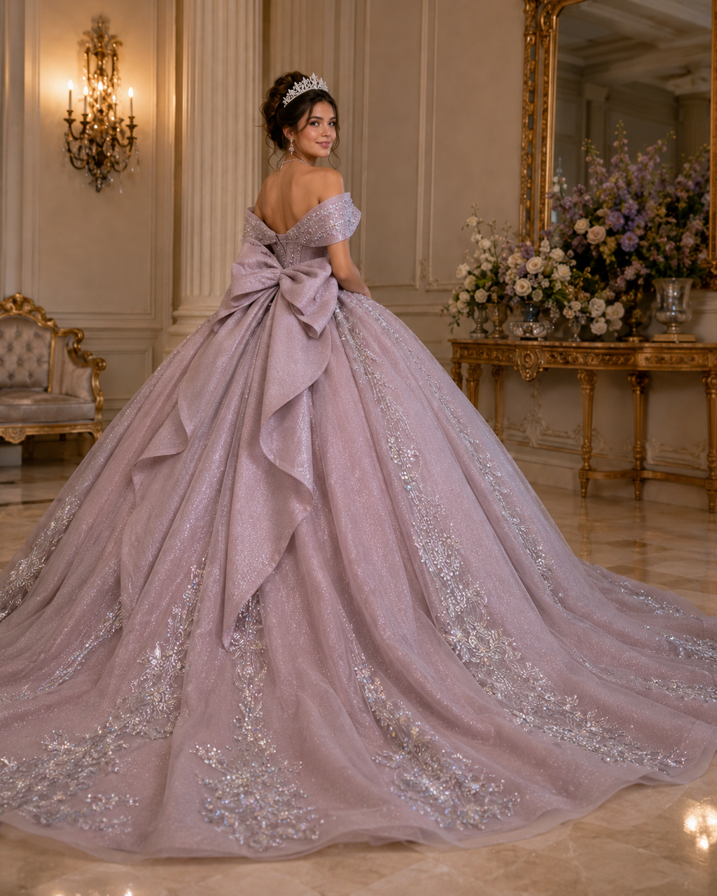 Dusty Mauve Luxury Quinceañera Ball Gown with Beaded Corset & Bow Back