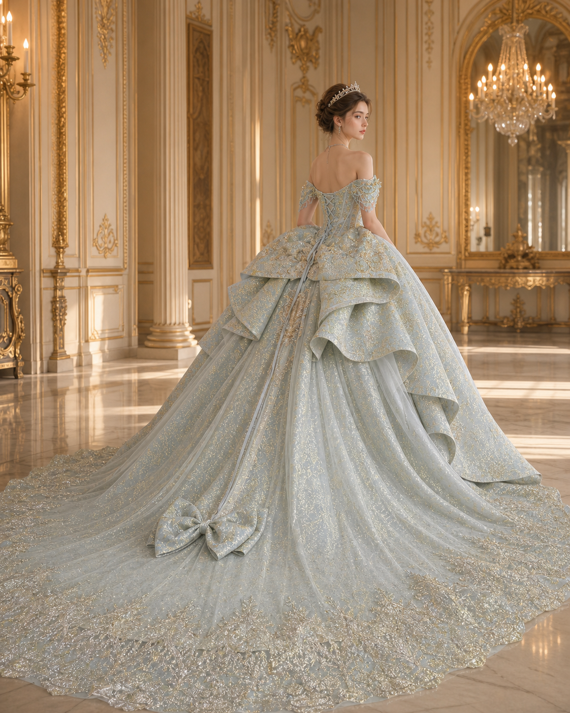 Dusty Blue Luxury Quinceañera Ball Gown with Gold Embroidery & Dramatic Bow Train
