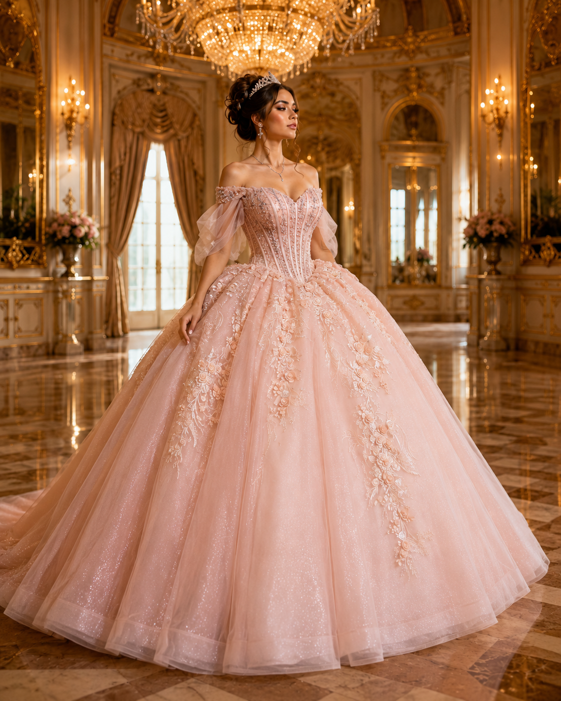 Blush Pink Luxury Quinceañera Ball Gown with Beaded Corset & Bow Train