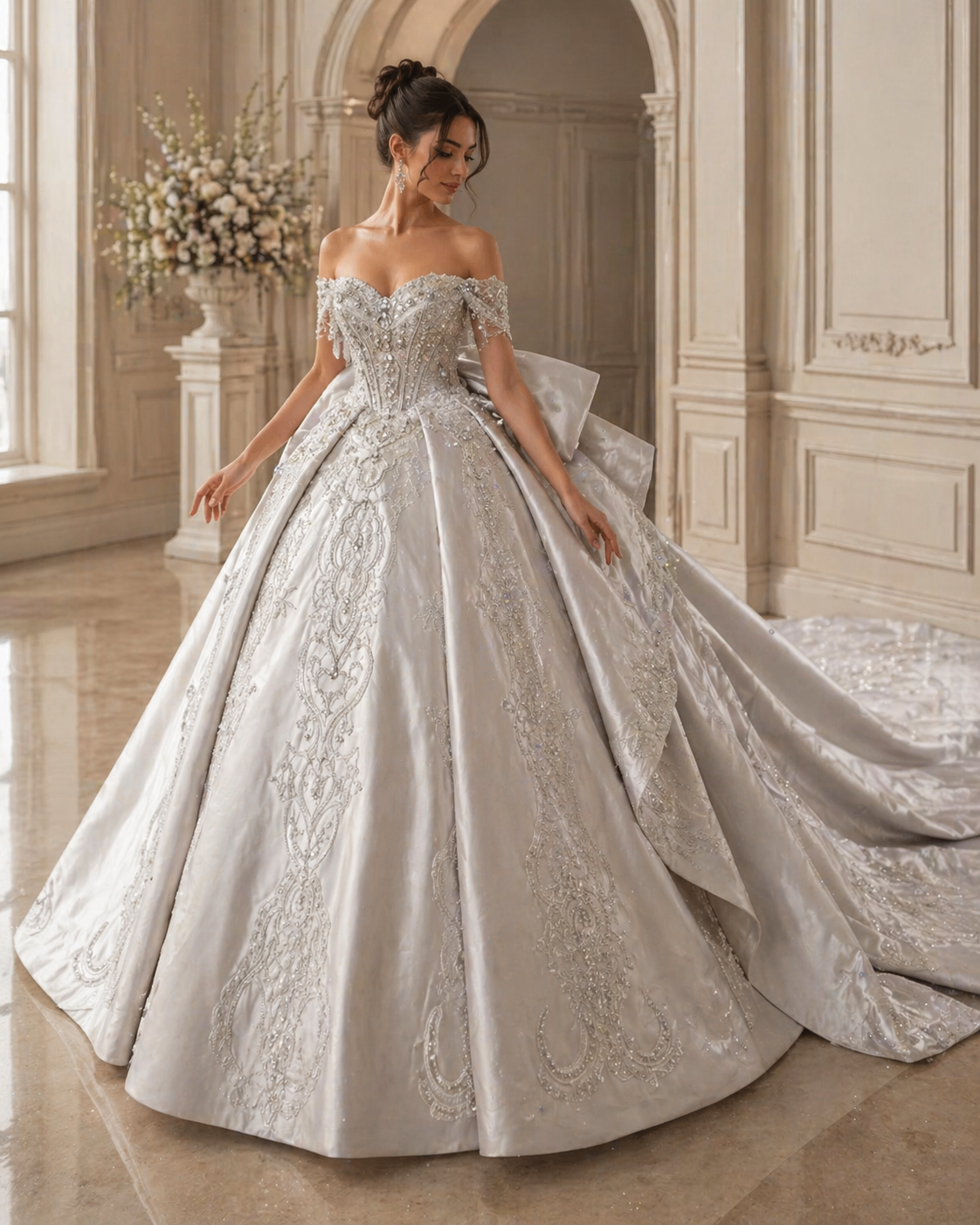 Silver Luxury Quinceañera Ball Gown with Beaded Corset & Long Train
