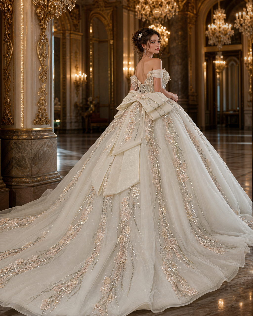 Ivory Champagne Luxury Quinceañera Ball Gown with 3D Floral Beading & Bow Train