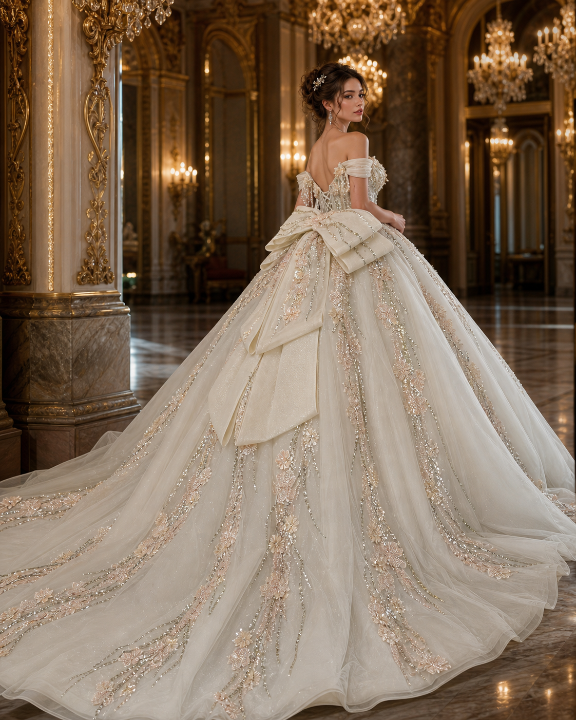 Ivory Champagne Luxury Quinceañera Ball Gown with 3D Floral Beading & Bow Train