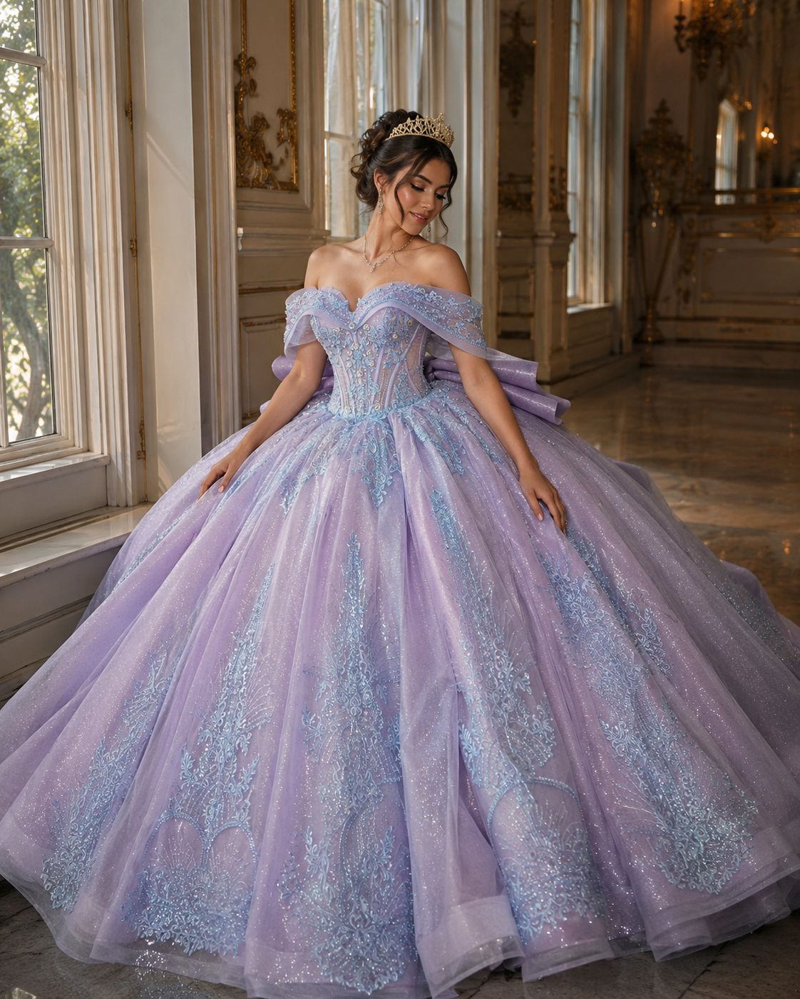 Lavender Blue Luxury Quinceañera Ball Gown with Beaded Corset & Bow Train