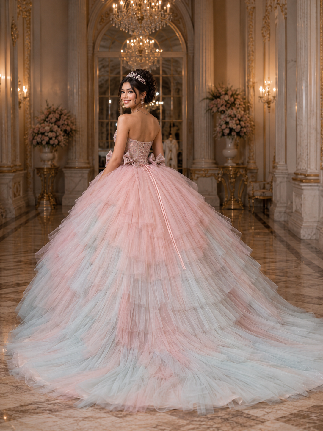 Blush Pink Luxury Quinceañera Ball Gown with Floral Beading & Ombre Ruffle Train