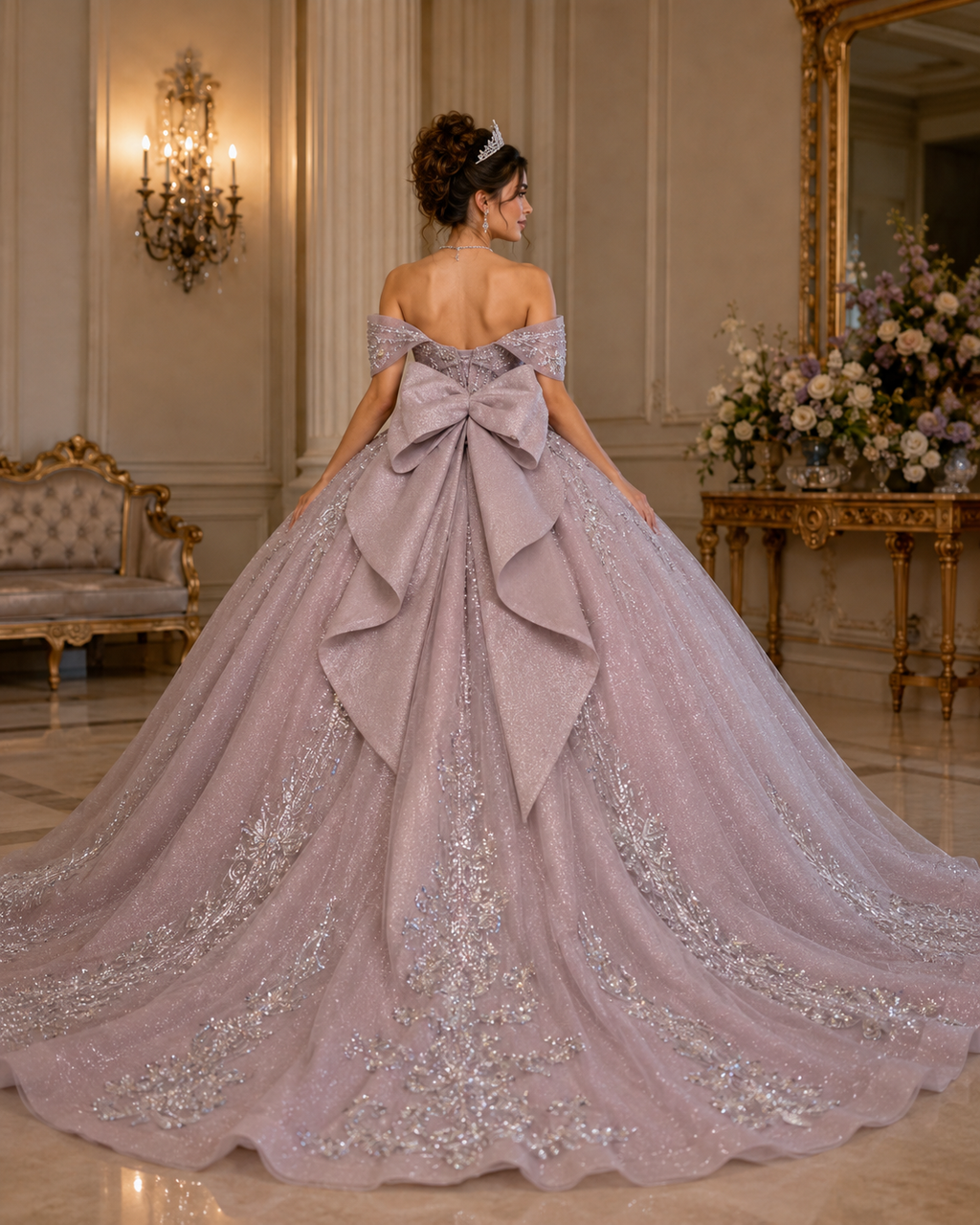 Dusty Mauve Luxury Quinceañera Ball Gown with Beaded Corset & Bow Back