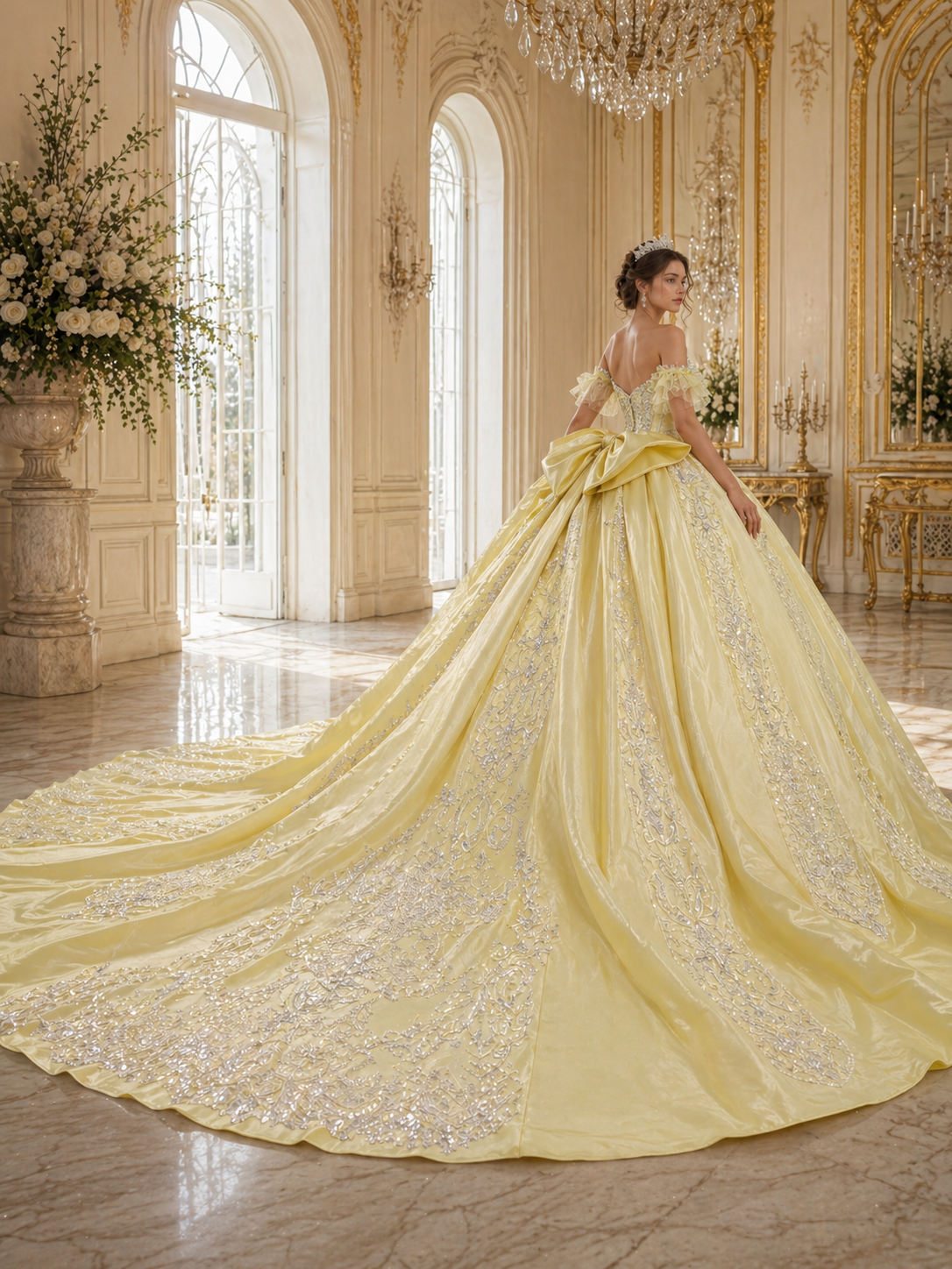 Soft Yellow Luxury Quinceañera Ball Gown with Crystal Beading & Long Train
