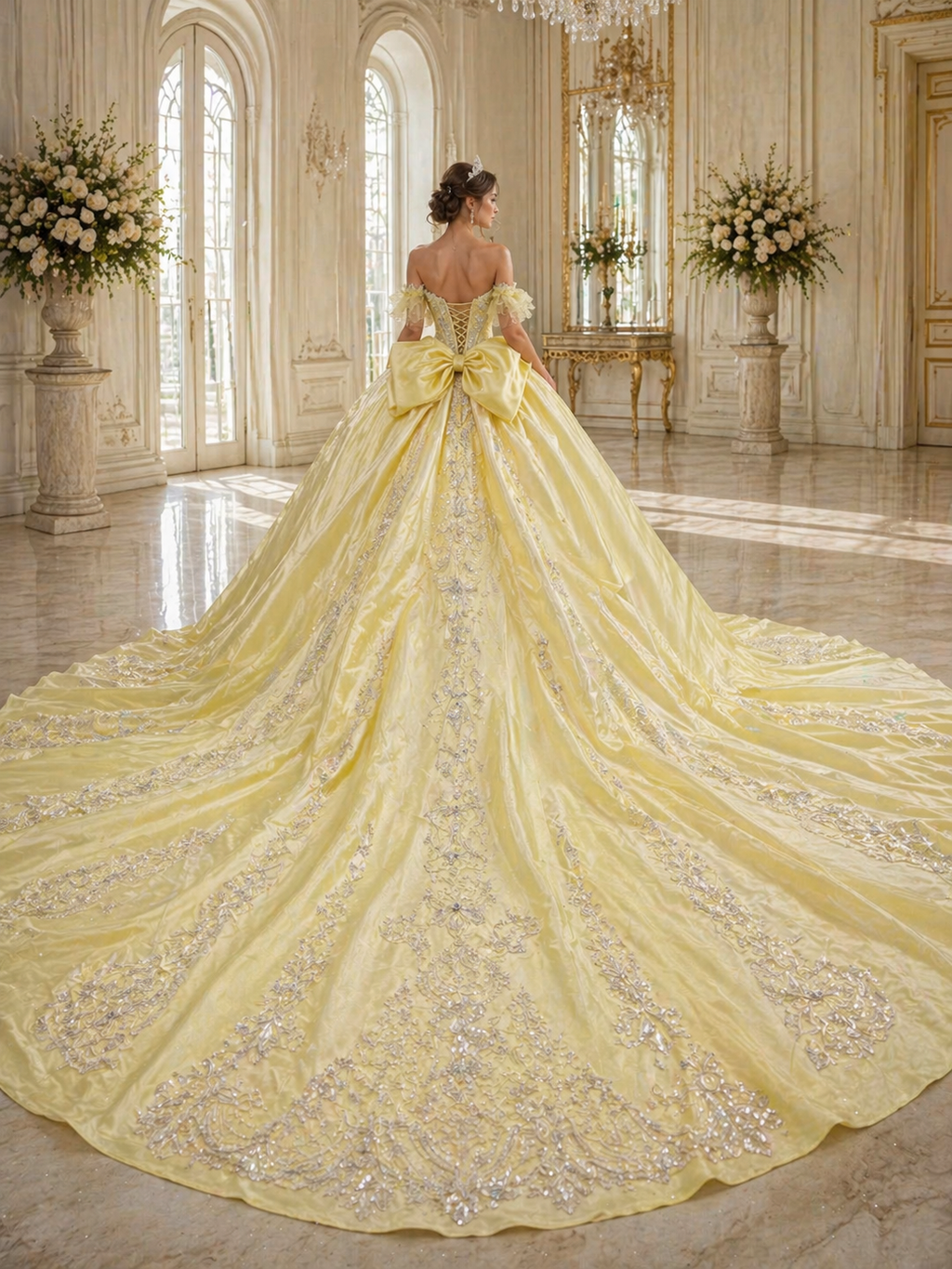 Soft Yellow Luxury Quinceañera Ball Gown with Crystal Beading & Long Train