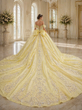 Soft Yellow Luxury Quinceañera Ball Gown with Crystal Beading & Long Train