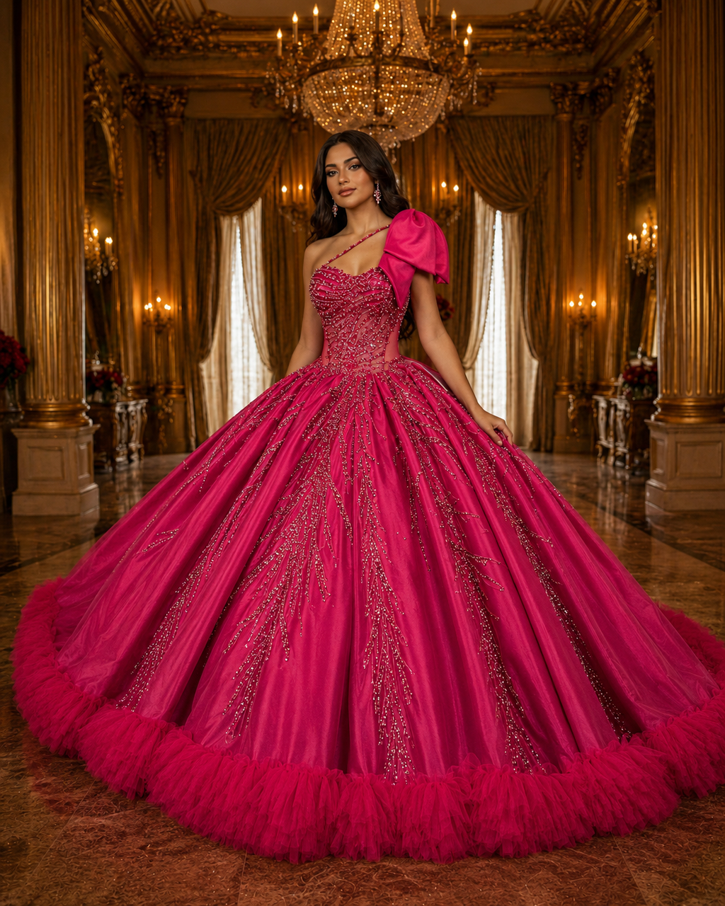Fuchsia Quinceañera Ball Gown with Beaded Corset, One-Shoulder Bow & Ruffle Train