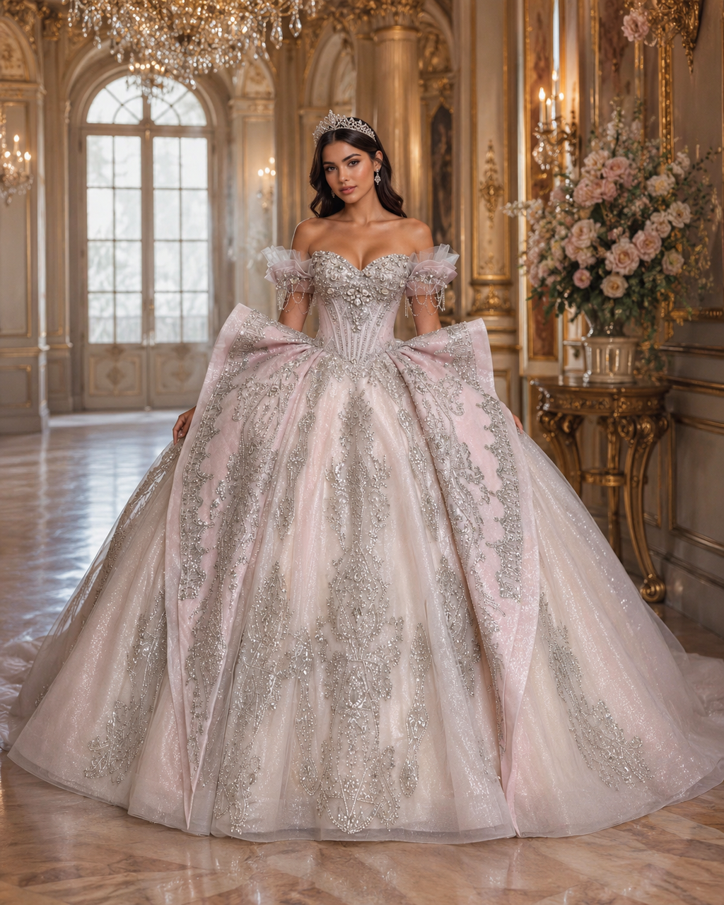 Blush Pink Luxury Quinceañera Ball Gown with Silver Embroidery & Bow Train