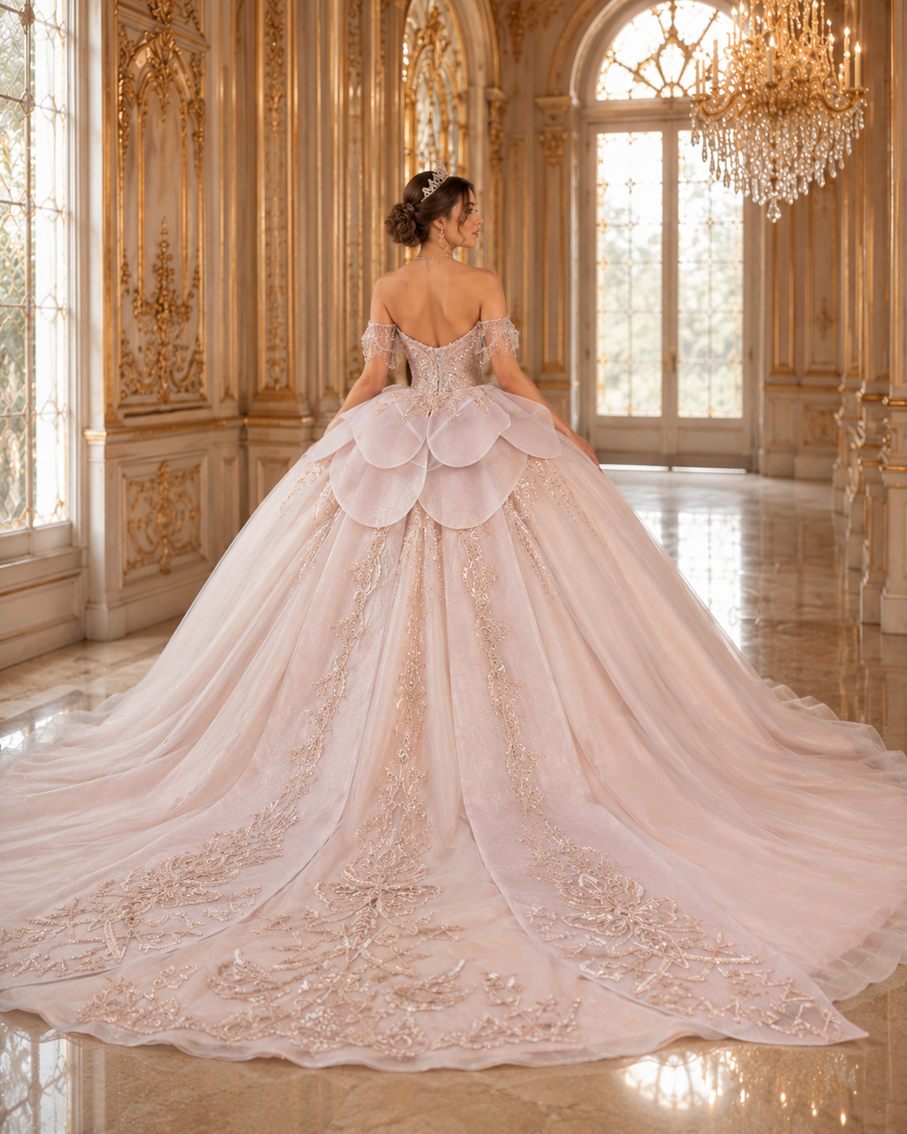 Blush Champagne Luxury Quinceañera Ball Gown with Beaded Corset & Long Train
