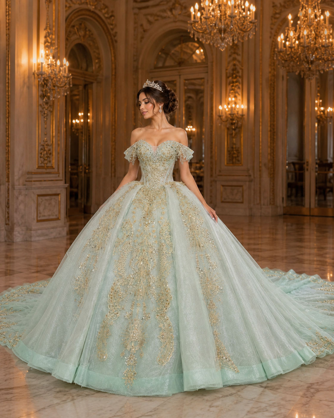 Pale Mint Luxury Quinceañera Ball Gown with Gold Embroidery & Dramatic Train
