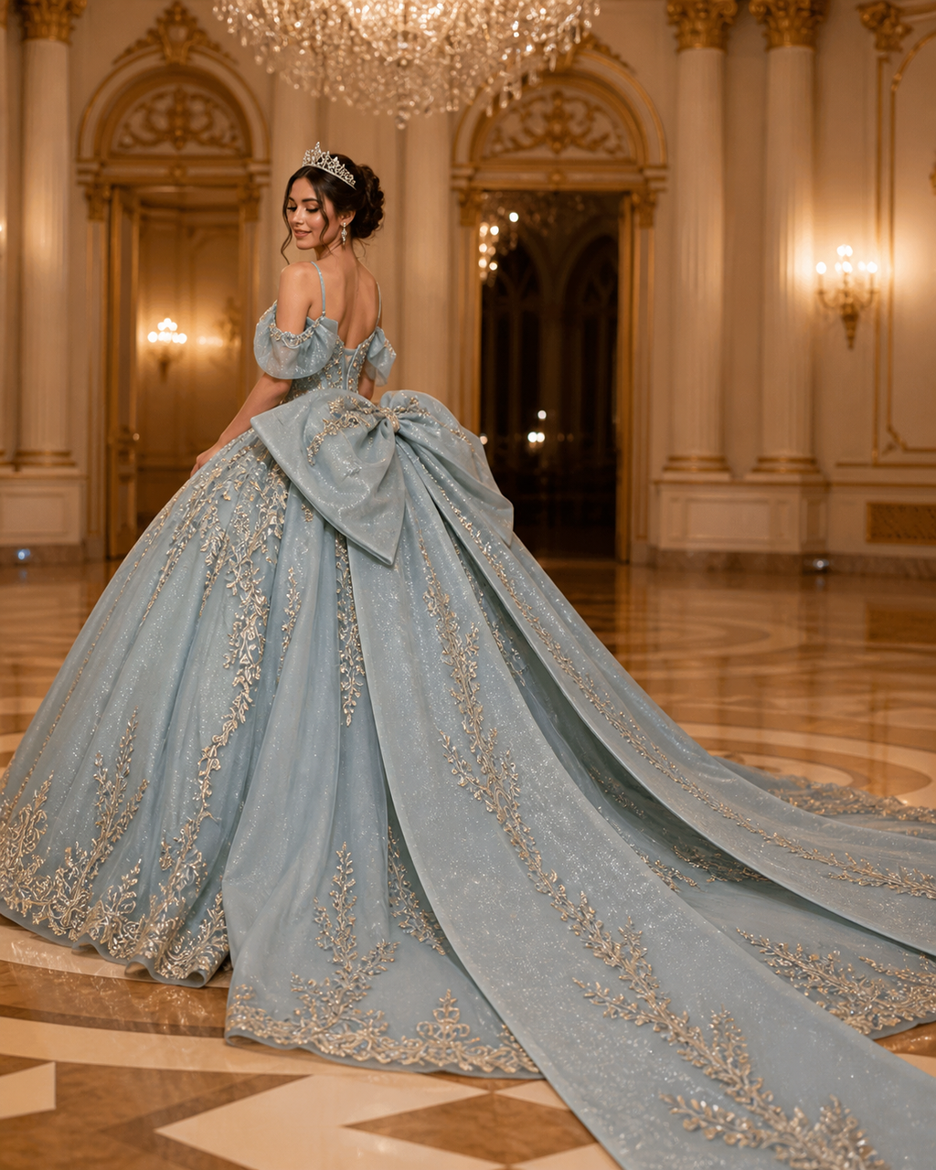 Dusty Blue Luxury Quinceañera Ball Gown with Gold Embroidery & Dramatic Bow Train