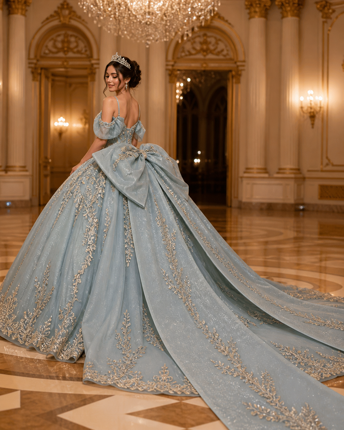 Dusty Blue Luxury Quinceañera Ball Gown with Gold Embroidery & Dramatic Bow Train