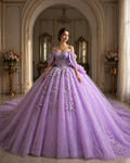 Lavender Luxury Quinceañera Ball Gown with Floral Appliqué & Long Train