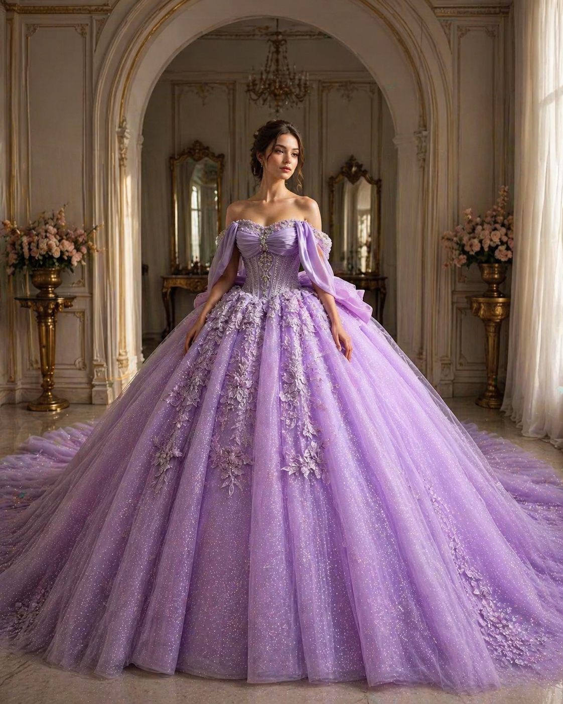 Lavender Luxury Quinceañera Ball Gown with Floral Appliqué & Long Train
