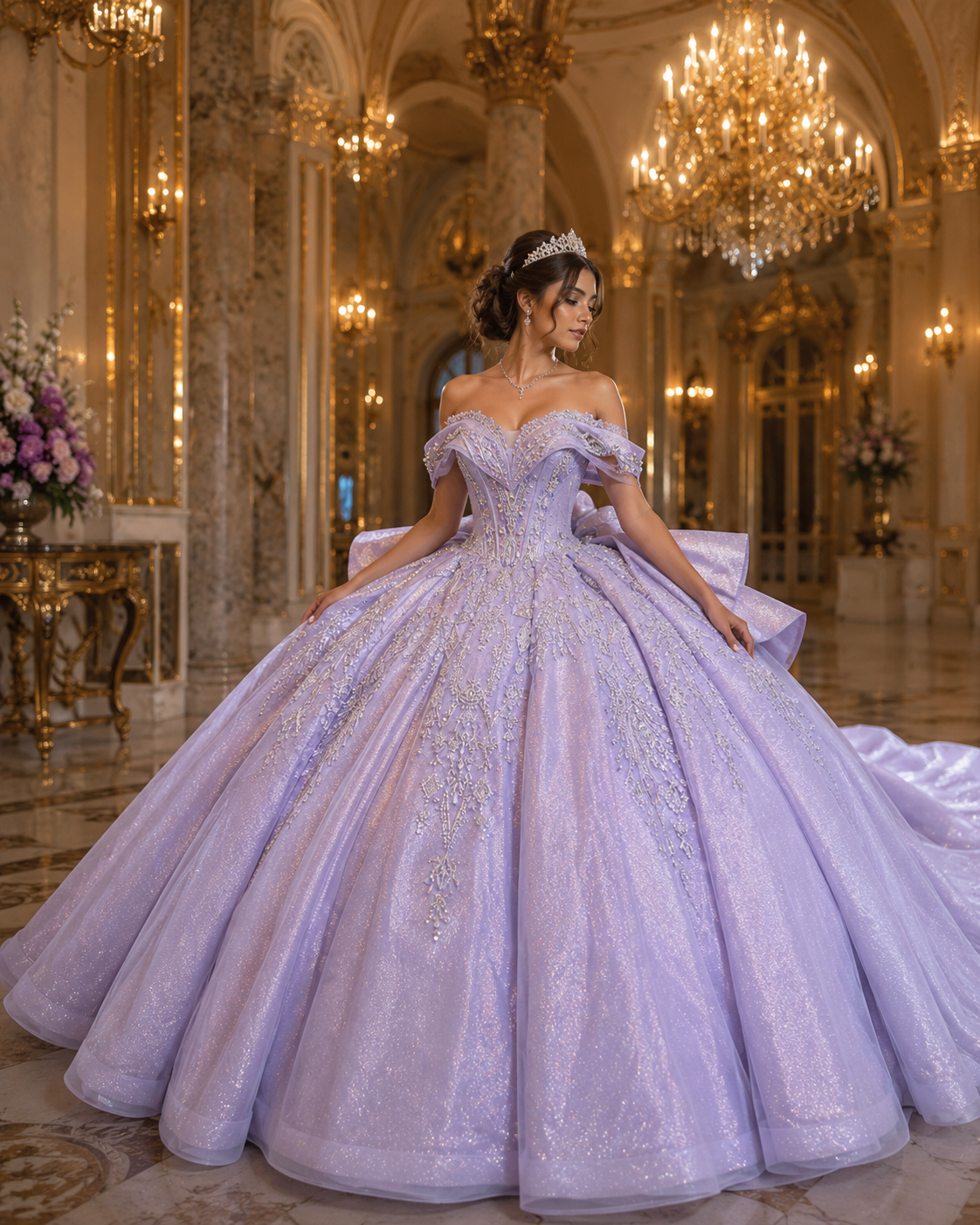 Lavender Purple Luxury Quinceañera Ball Gown with Beaded Corset & Bow Train