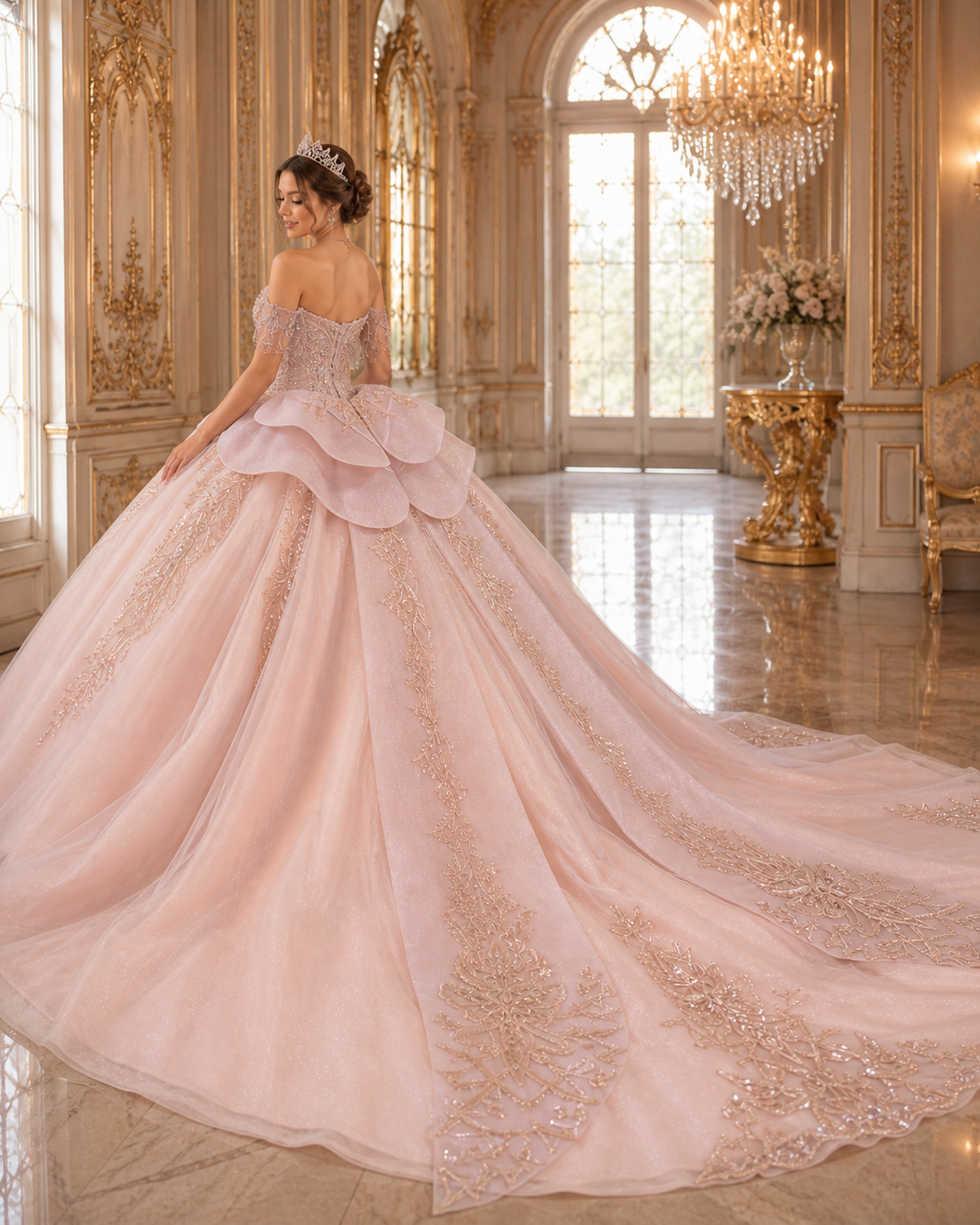 Blush Champagne Luxury Quinceañera Ball Gown with Beaded Corset & Long Train