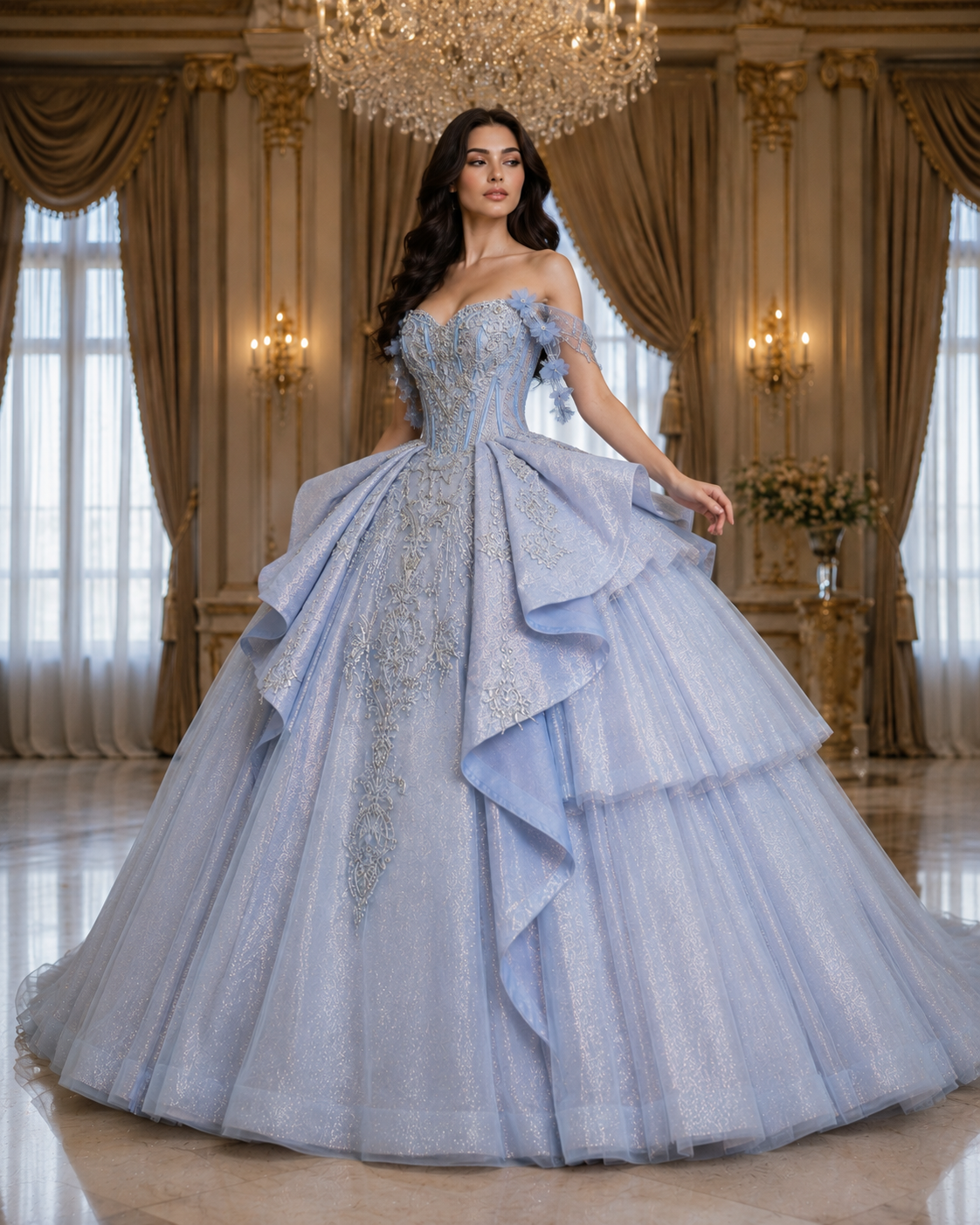 Ice Blue Luxury Quinceañera Ball Gown with Beaded Corset & Dramatic Layered Skirt
