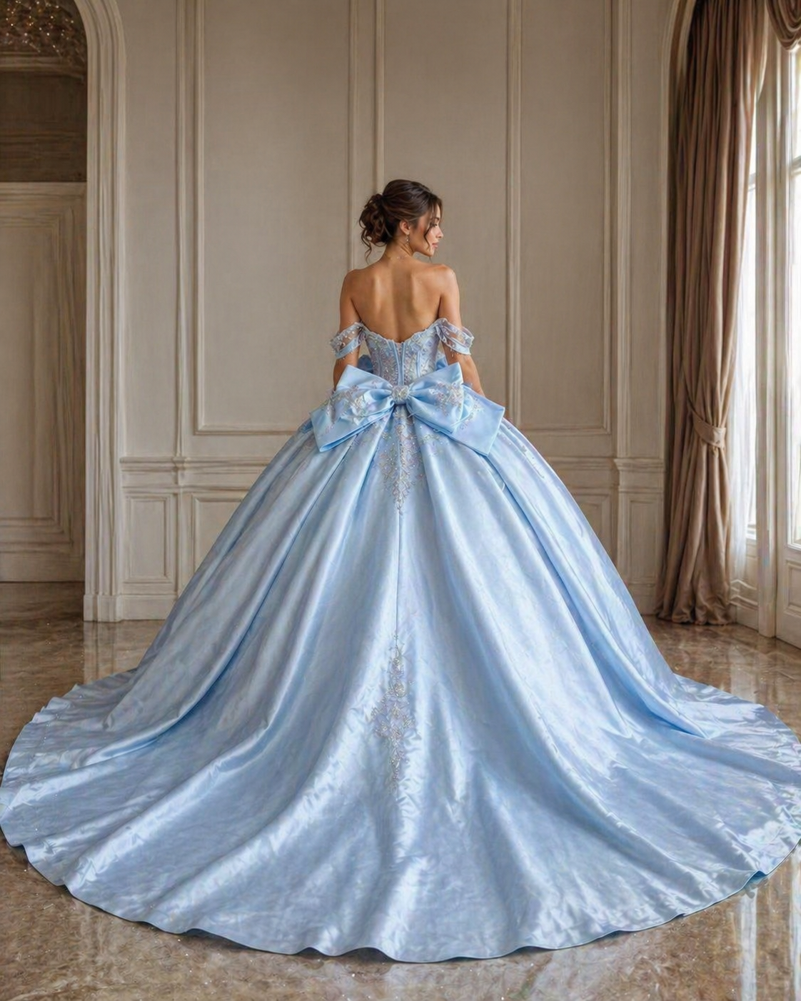 Light Blue Luxury Quinceañera Ball Gown with Beaded Corset & Long Train