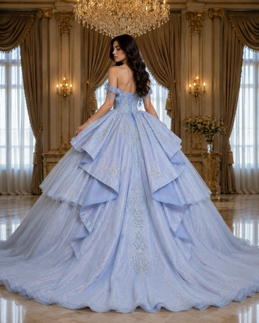 Ice Blue Luxury Quinceañera Ball Gown with Beaded Corset & Dramatic Layered Skirt