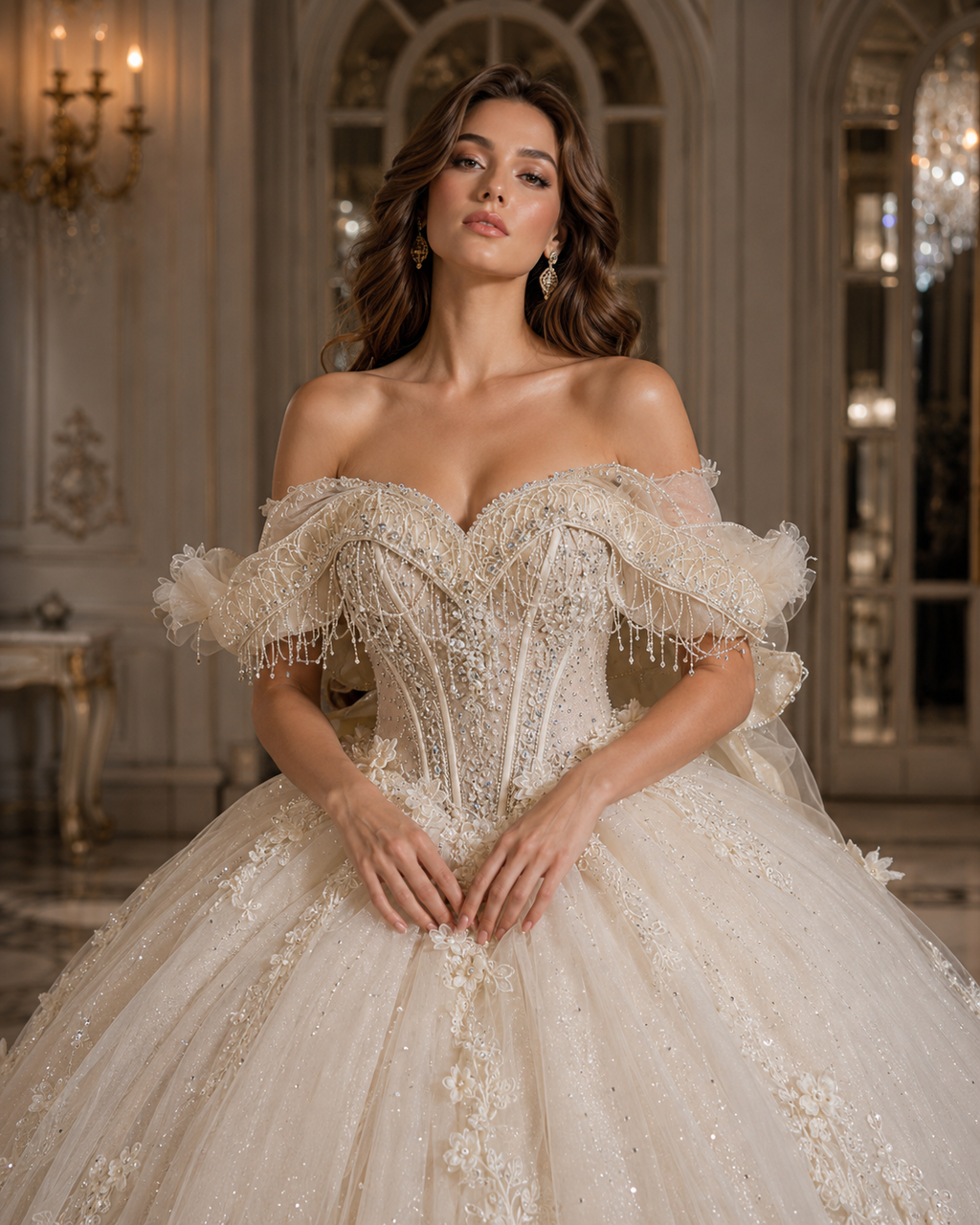Ivory Champagne Quinceañera Ball Gown with Beaded Corset & Feather Hem