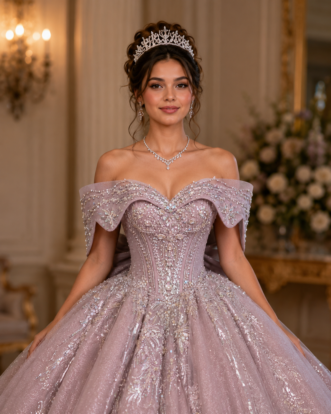 Dusty Mauve Luxury Quinceañera Ball Gown with Beaded Corset & Bow Back