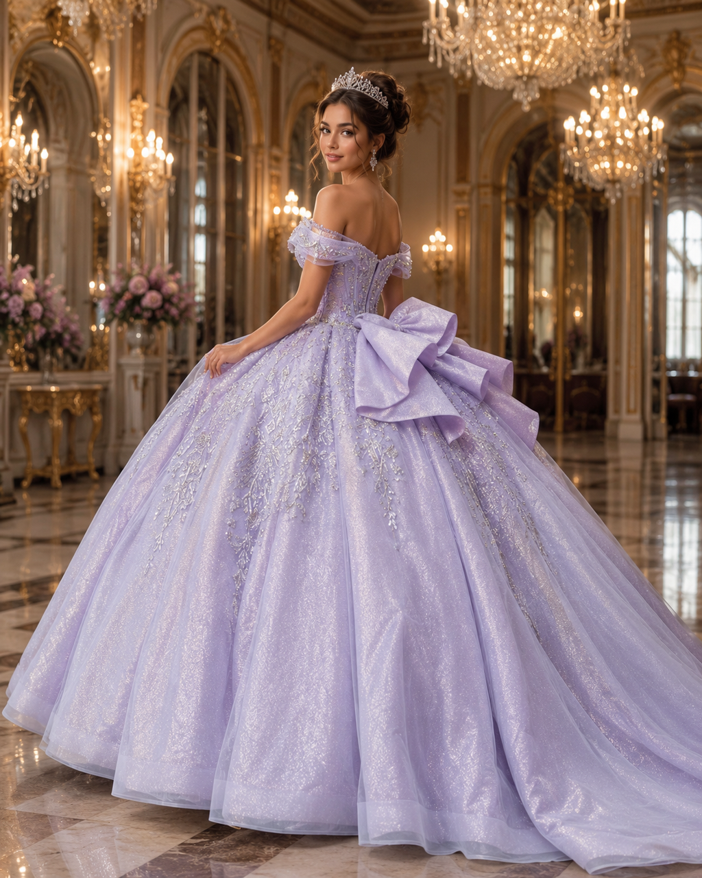 Lavender Purple Luxury Quinceañera Ball Gown with Beaded Corset & Bow Train
