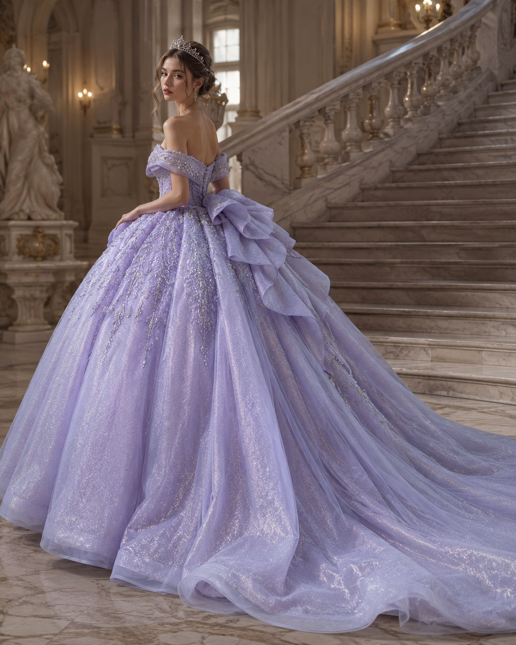 Lavender Purple Luxury Quinceañera Ball Gown with Beaded Corset & Bow Train