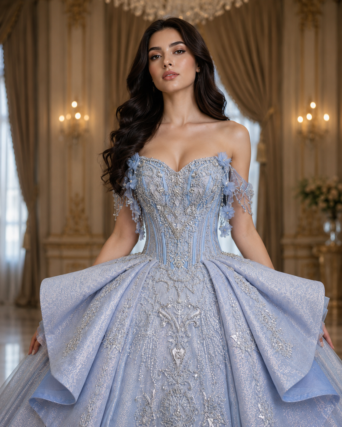Ice Blue Luxury Quinceañera Ball Gown with Beaded Corset & Dramatic Layered Skirt