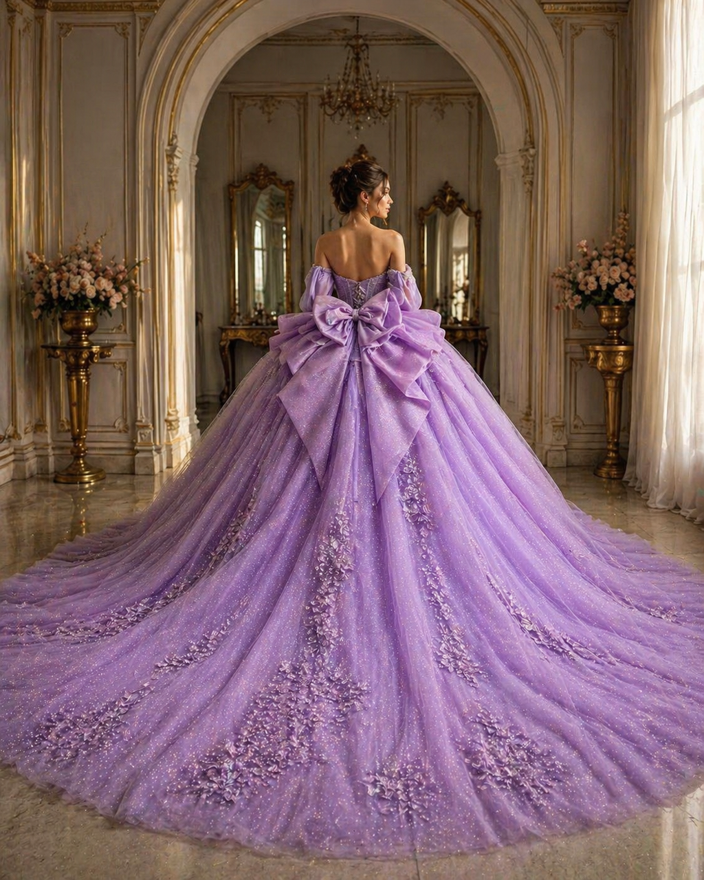 Lavender Luxury Quinceañera Ball Gown with Floral Appliqué & Long Train
