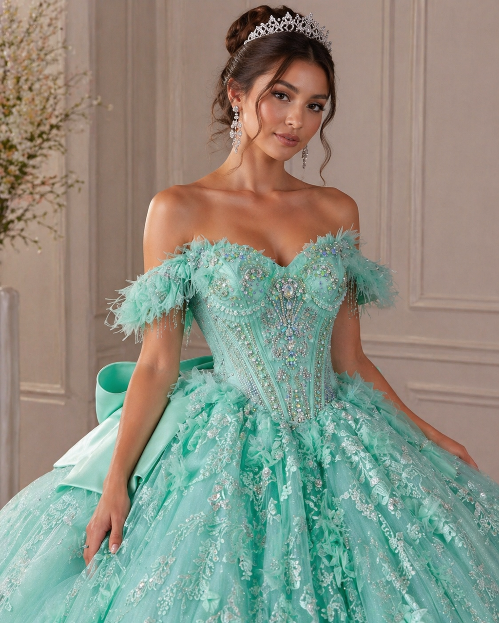 Mint Green Luxury Quinceañera Ball Gown with Beaded Corset & Ruffle Train