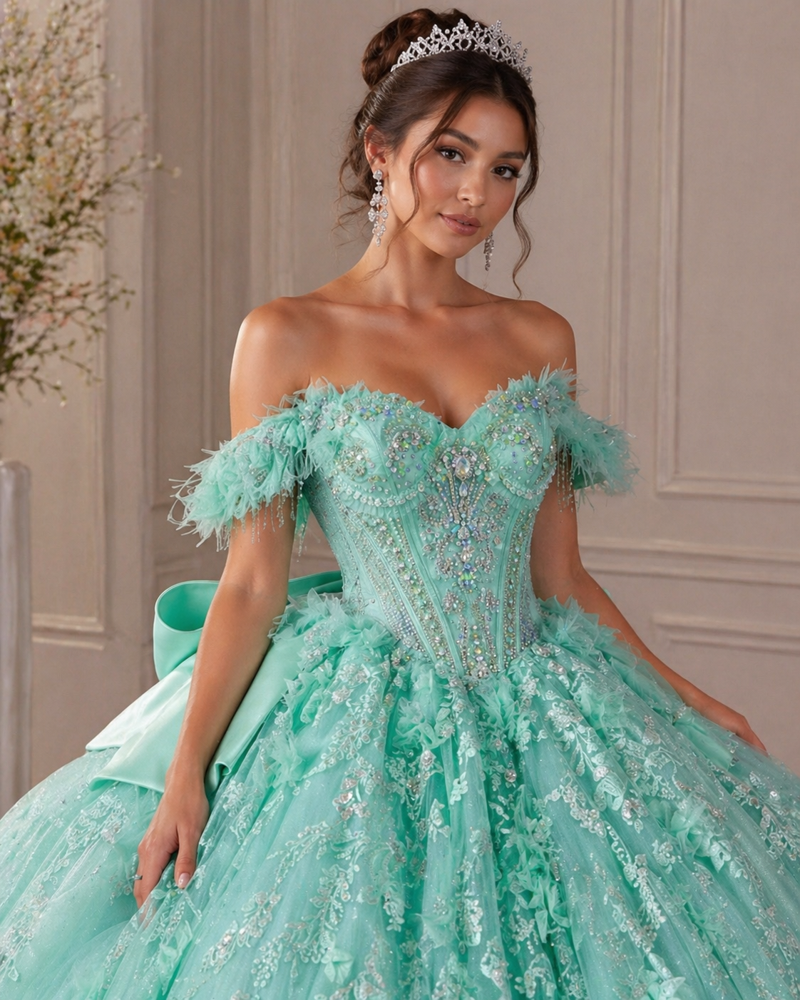Mint Green Luxury Quinceañera Ball Gown with Beaded Corset & Ruffle Train