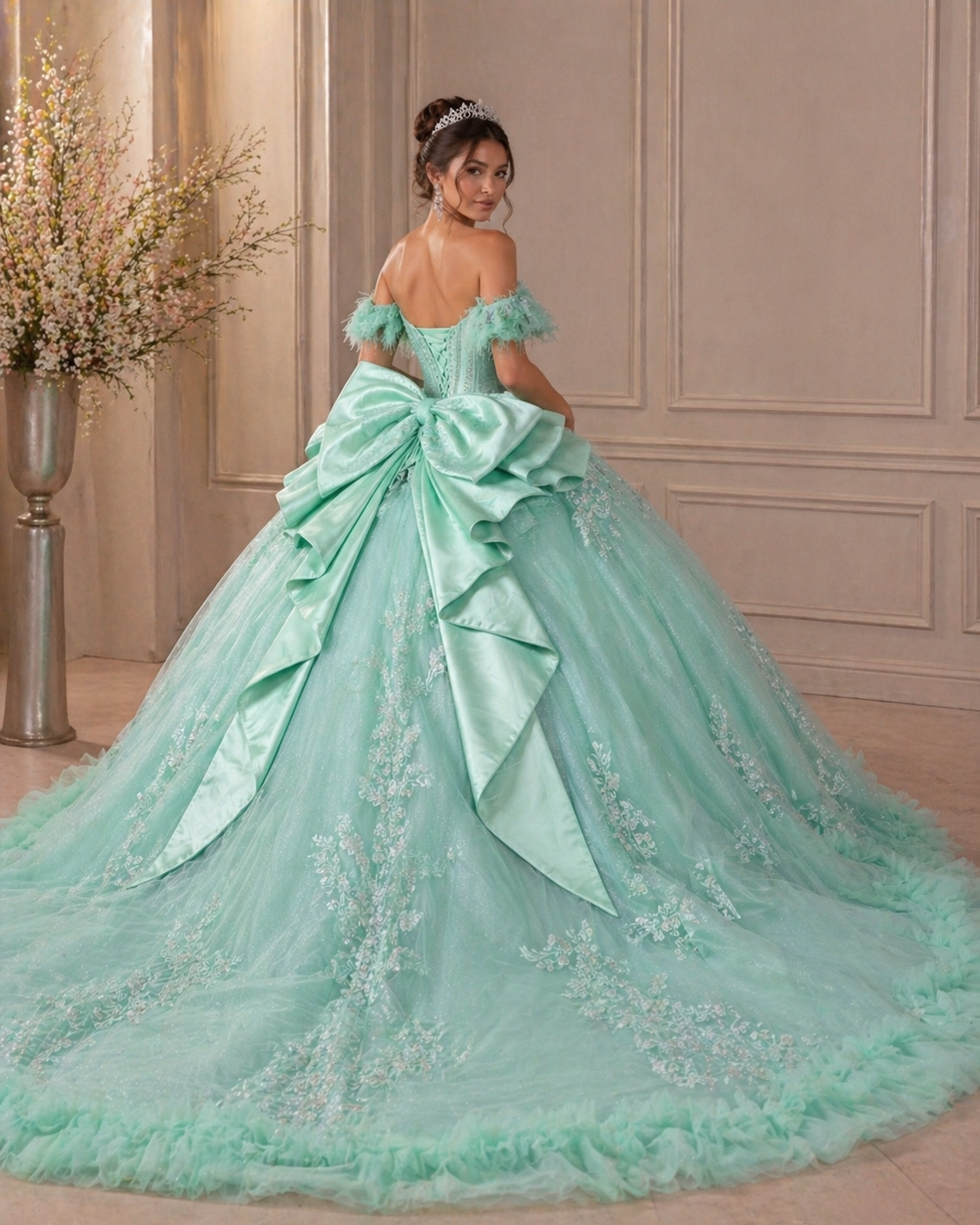 Mint Green Luxury Quinceañera Ball Gown with Beaded Corset & Ruffle Train