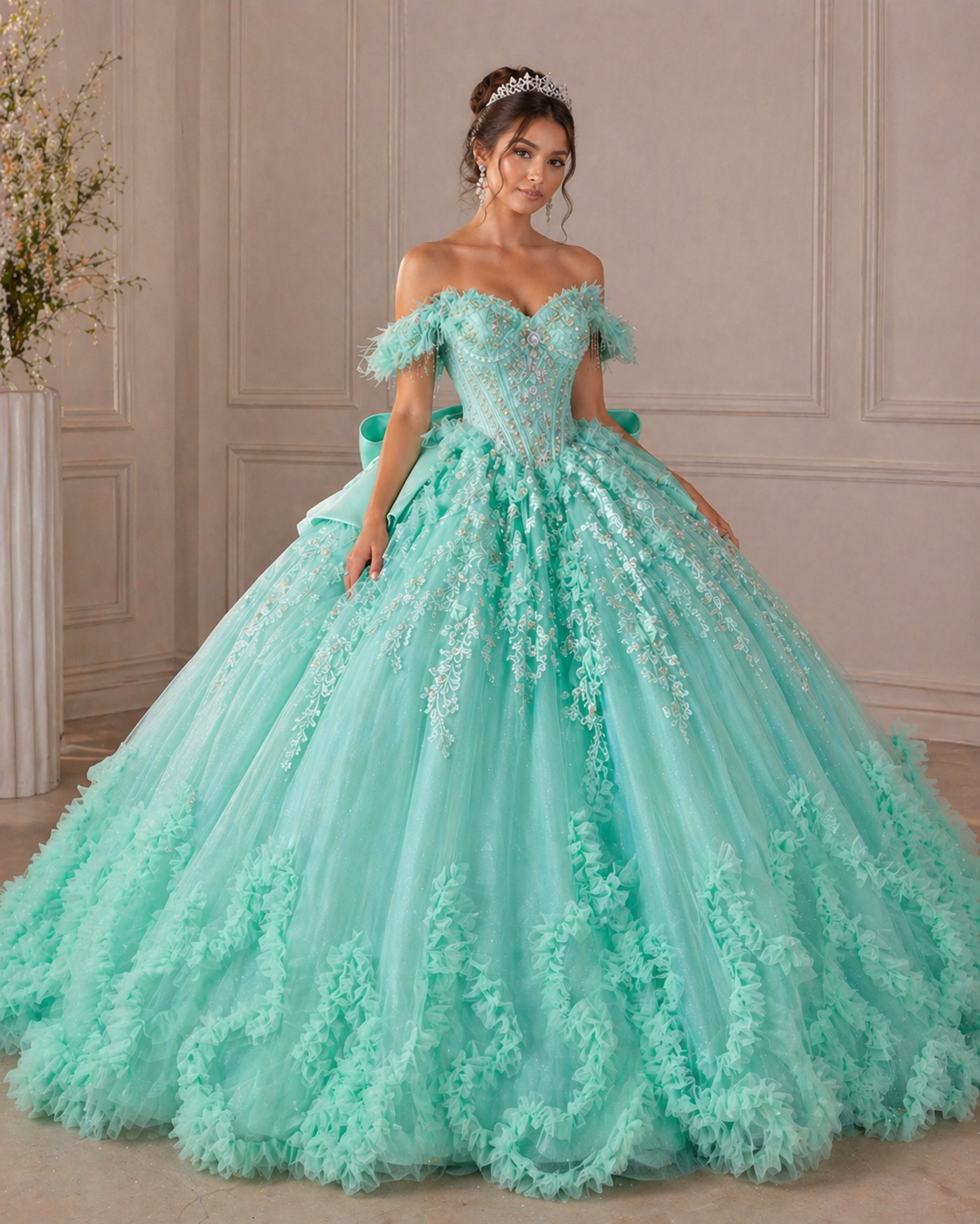 Mint Green Luxury Quinceañera Ball Gown with Beaded Corset & Ruffle Train