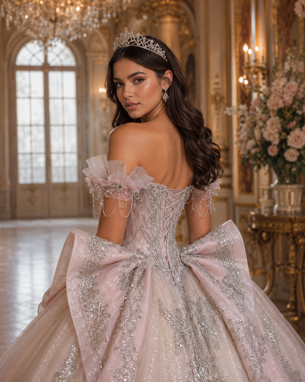 Blush Pink Luxury Quinceañera Ball Gown with Silver Embroidery & Bow Train