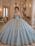 Dusty Blue Luxury Quinceañera Ball Gown with Gold Embroidery & Dramatic Bow Train