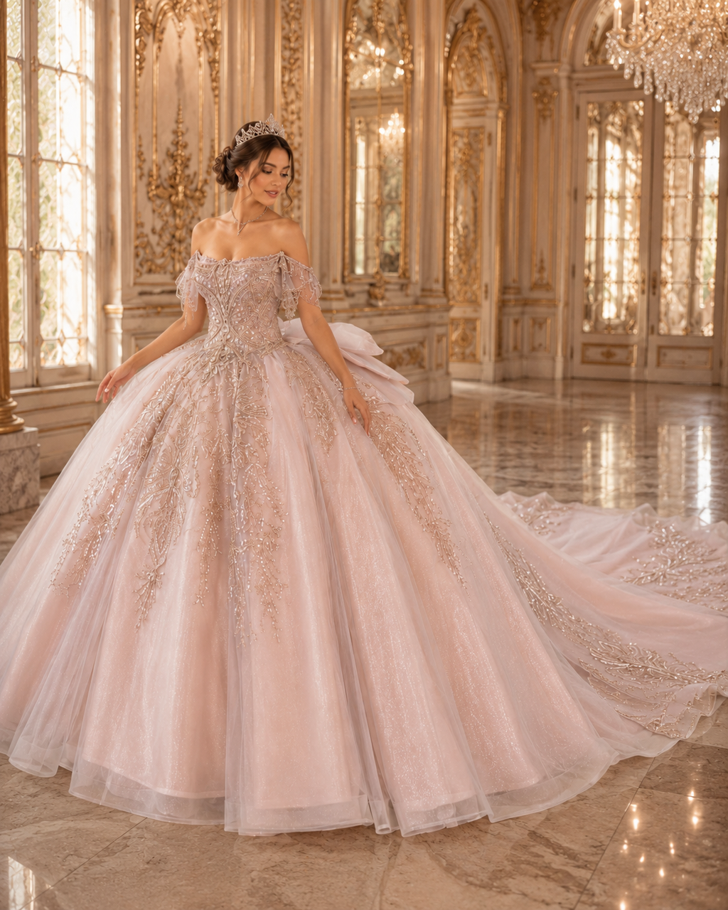 Blush Champagne Luxury Quinceañera Ball Gown with Beaded Corset & Long Train