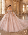 Blush Champagne Luxury Quinceañera Ball Gown with Beaded Corset & Long Train