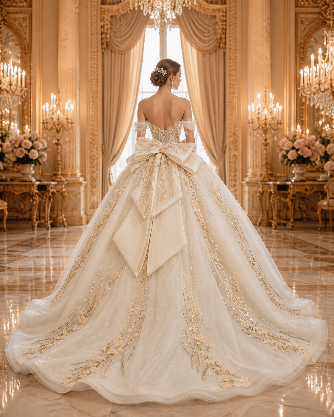 Ivory Champagne Luxury Quinceañera Ball Gown with 3D Floral Beading & Bow Train