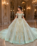 Pale Mint Luxury Quinceañera Ball Gown with Gold Embroidery & Dramatic Train