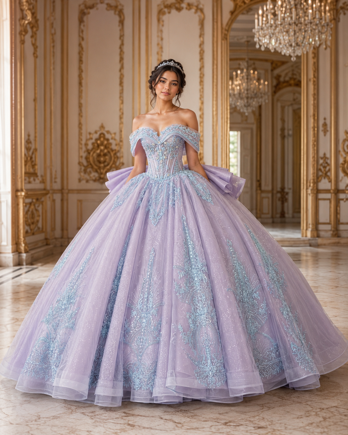 Lavender Blue Luxury Quinceañera Ball Gown with Beaded Corset & Bow Train