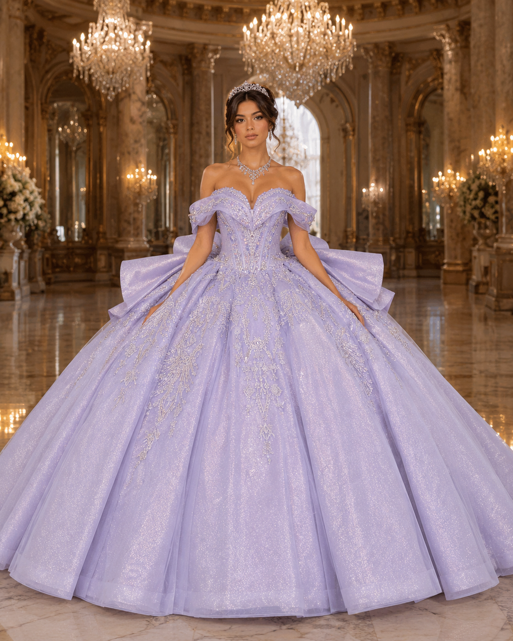 Lavender Purple Luxury Quinceañera Ball Gown with Beaded Corset & Bow Train